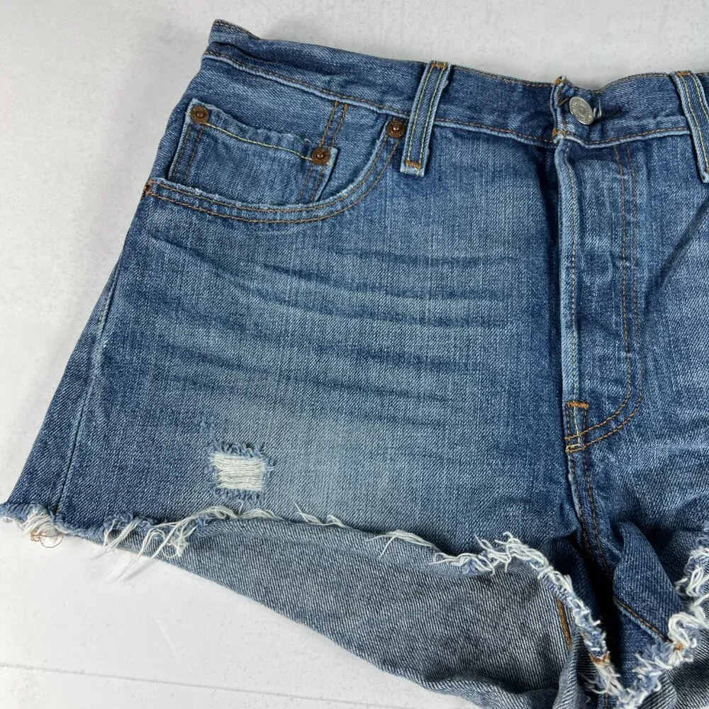 Levi's Jean Short Women 28 501 High Rise Blue Whisker Cut Off Cotton Denim Jorts - Picture 3 of 16